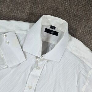 Zegna Mens 16.5 White Tonal Diagonal Stripe Cotton Long Sleeve Dress Shirt